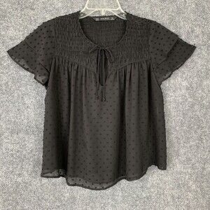 Zara Basic Semi Sheer Black Swiss Dot Top Women XS Ruffle Short Sleeve Smocking